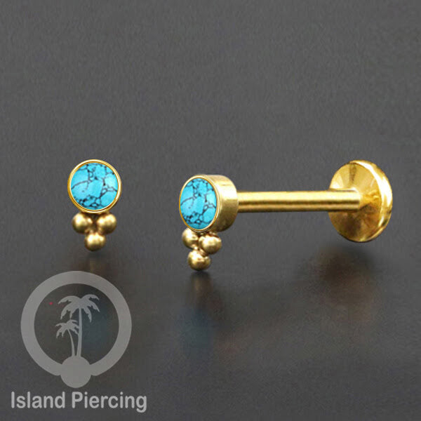 Anting Tindik Stainless Body Piercing Labret Helix &amp; Tragus, warna Gold dengan batu Turquoise