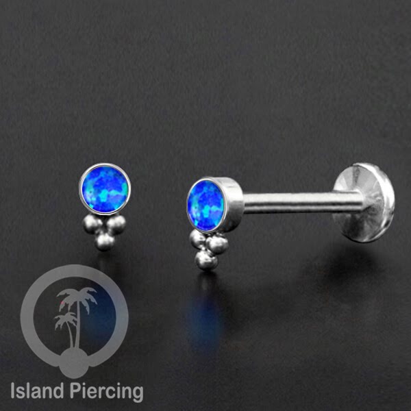 Anting Tindik Stainless Labret, Helix &amp; Tragus Piercing warna Silver dengan batu Opal Biru