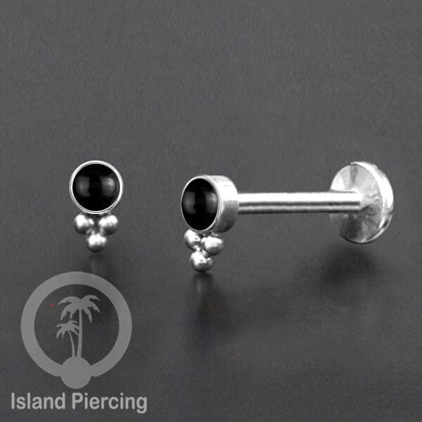 Anting Tindik Stainless Labret &amp; Tragus Piercing warna Silver dengan batu Onyx Hitam
