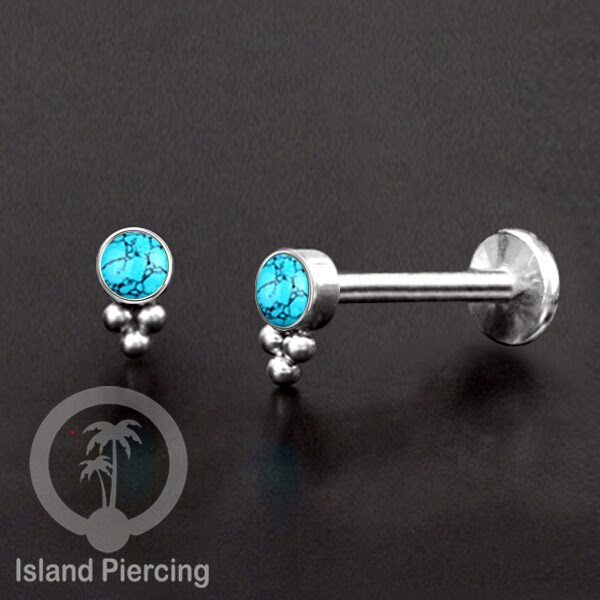 Anting Tindik Stainless Labret &amp; Tragus Piercing warna Silver dengan batu Turquoise