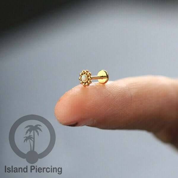 Anting Tindik Stainless Labret, Helix &amp; Tragus Piercing warna Gold dengan batu Opal Putih