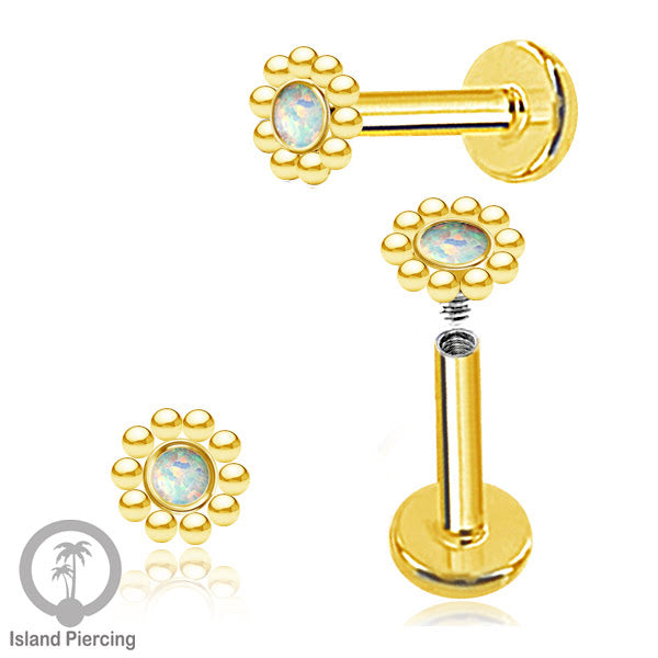 Anting Tindik Stainless Labret, Helix &amp; Tragus Piercing warna Gold dengan batu Opal Putih