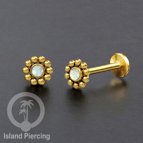 Anting Tindik Stainless Labret, Helix &amp; Tragus Piercing warna Gold dengan batu Opal Putih