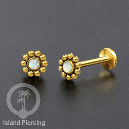 Anting Tindik Stainless Labret, Helix &amp; Tragus Piercing warna Gold dengan batu Opal Putih