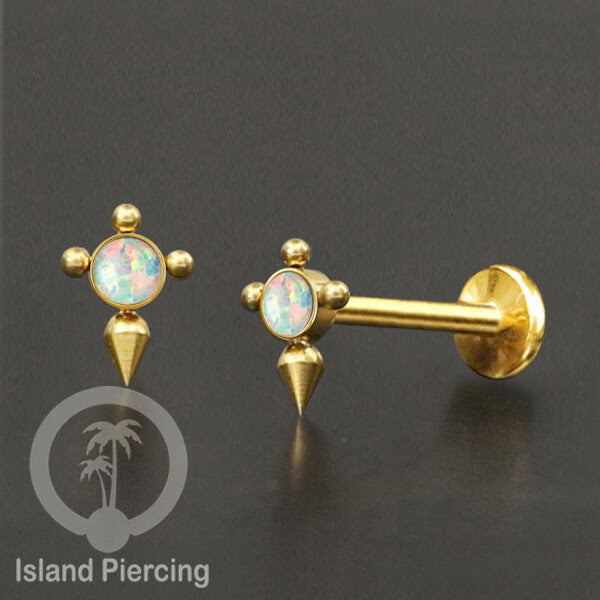 Anting Tindik Stainless Labret, Helix &amp; Tragus Piercing warna Gold dengan batu Opal Putih