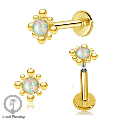 Anting Tindik Stainless Labret, Helix &amp; Tragus Piercing warna Gold dengan batu Opal Putih