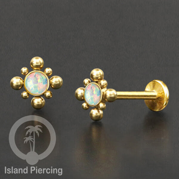 Anting Tindik Stainless Labret, Helix &amp; Tragus Piercing warna Gold dengan batu Opal Putih