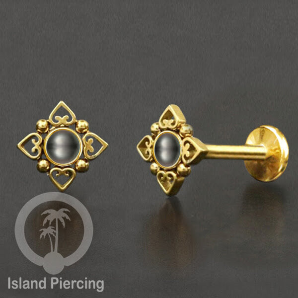 Piercing Labret 4 hati kecil, Anting Tindik Stainless Daith &amp; Tragus warna Gold dengan Batu
