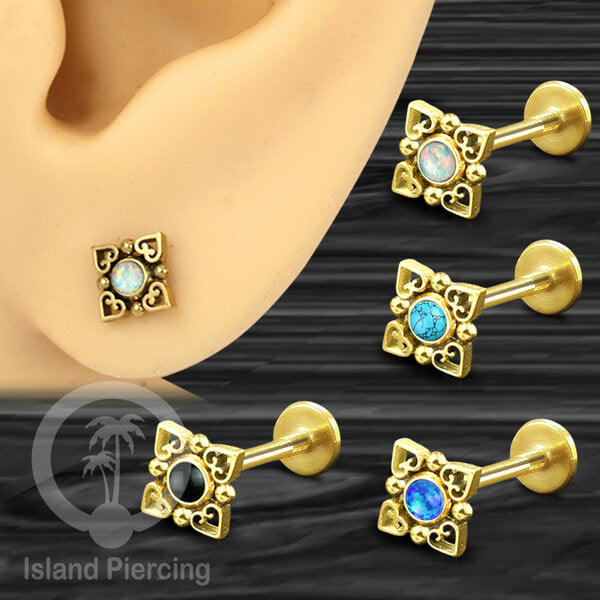Piercing Labret 4 hati kecil, Anting Tindik Stainless Daith &amp; Tragus warna Gold dengan Batu
