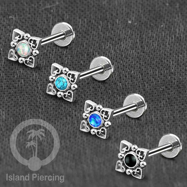 Piercing Labret 4 hati kecil, Anting Tindik Stainless Daith &amp; Tragus warna Silver dengan Batu