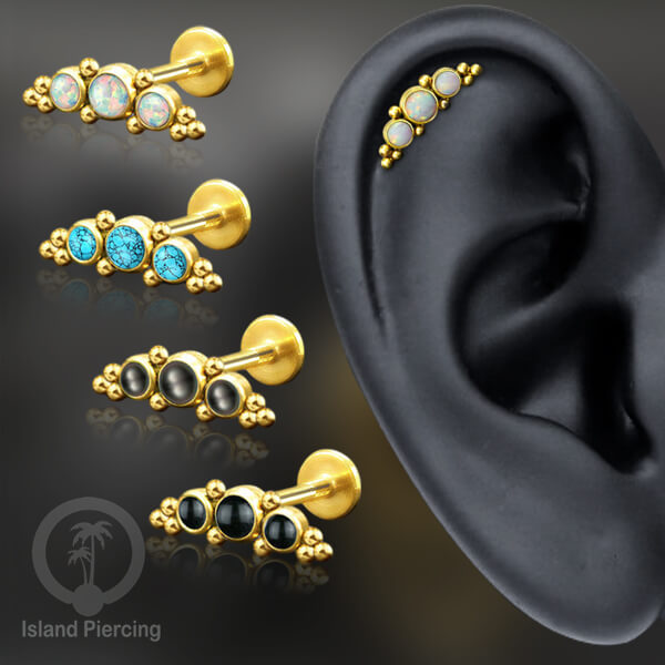 Anting Tindik Stainless Labret &amp; Helix Piercing warna Gold dengan 3 Batu