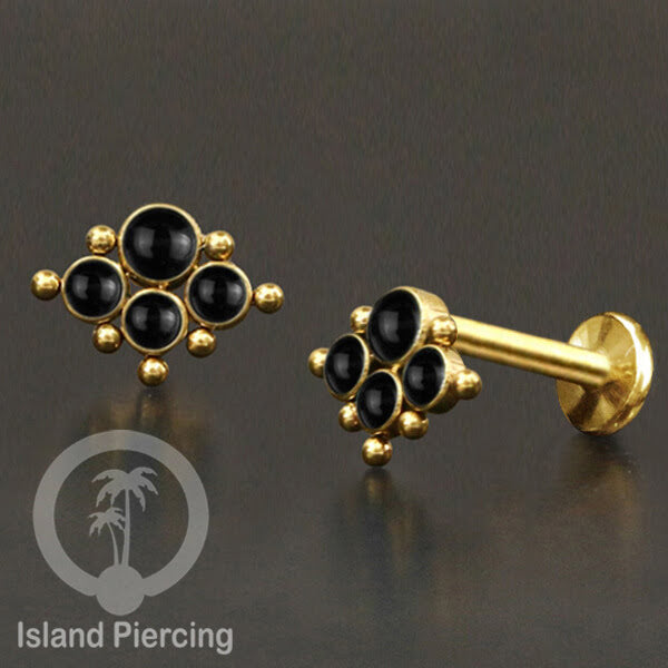 Labret Piercing Stainless 316L warna Gold, Anting Tindik Tragus Helix &amp; Flat dengan 4 Batu