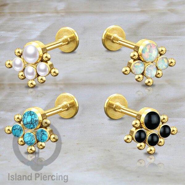 Labret Piercing Stainless 316L warna Gold, Anting Tindik Tragus Helix &amp; Flat dengan 4 Batu