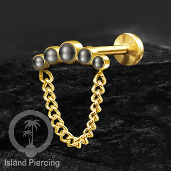Anting Tindik Labret design Helix Piercing Istemewa warna Gold dengan 5 Batu dan Rantai