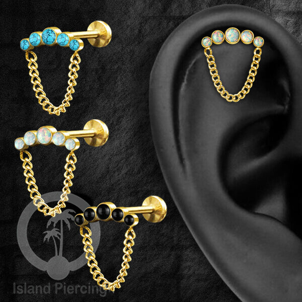 Anting Tindik Labret design Helix Piercing Istemewa warna Gold dengan 5 Batu dan Rantai