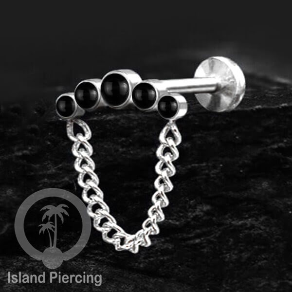 Anting Tindik Labret design Helix Piercing Istemewa warna Silver dengan 5 Batu dan rantai