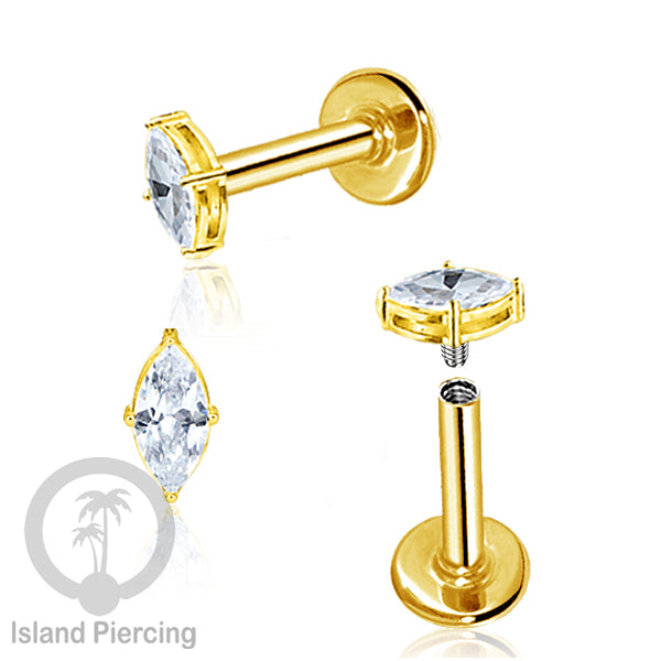 Piercing Labret Stainless Steel warna gold dengan Zirconia banyak bentuk.