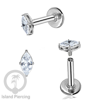 Piercing Labret Stainless Steel warna silver dengan Zirconia banyak bentuk.