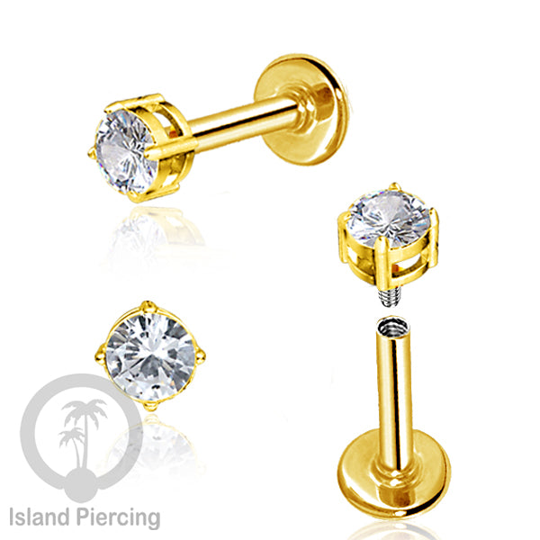 Piercing Labret Stainless Steel warna gold dengan Zirconia banyak bentuk.