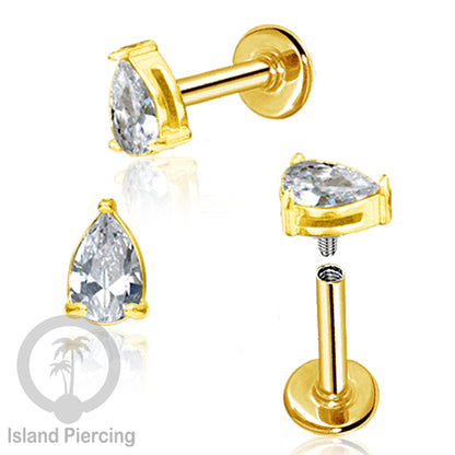 Piercing Labret Stainless Steel warna gold dengan Zirconia banyak bentuk.