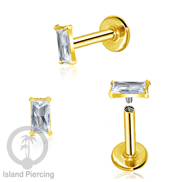 Piercing Labret Stainless Steel warna gold dengan Zirconia banyak bentuk.