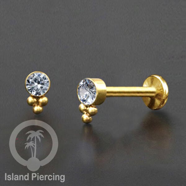 Anting Stainless Labret &amp; Tragus Piercing warna Gold dengan Kristal Zirconia