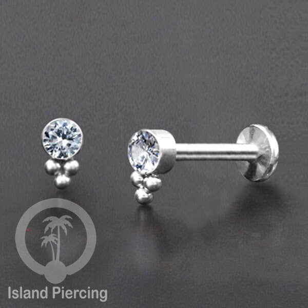 Anting Stainless Labret &amp; Tragus Piercing warna Silver dengan Kristal Zirconia