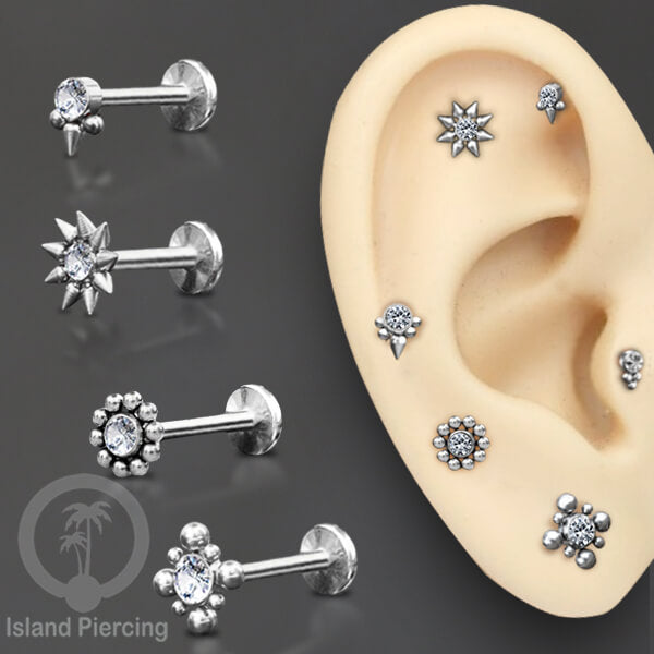 Anting Stainless Labret &amp; Tragus Piercing warna Silver dengan Kristal Zirconia