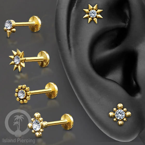 Anting Stainless Labret &amp; Tragus Piercing warna Gold dengan Kristal Zirconia