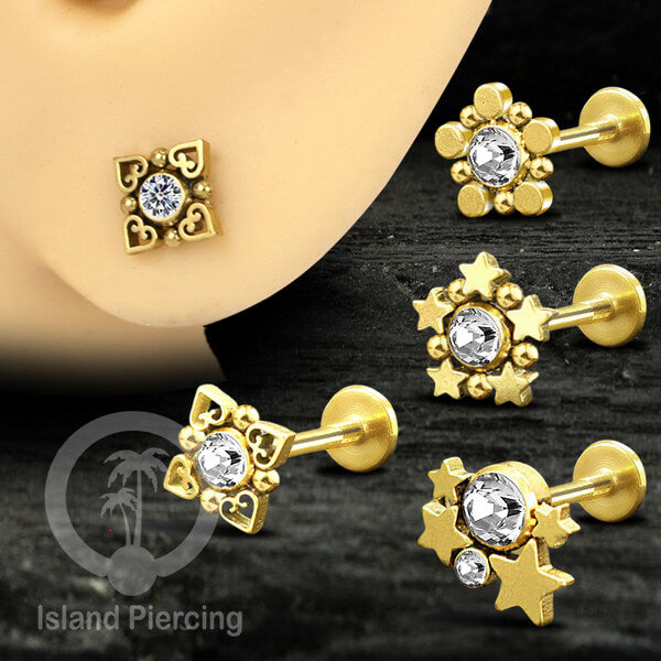 Anting Labret Stainless Kristal Zirconia, Tragus &amp; Daith Piercing warna Gold