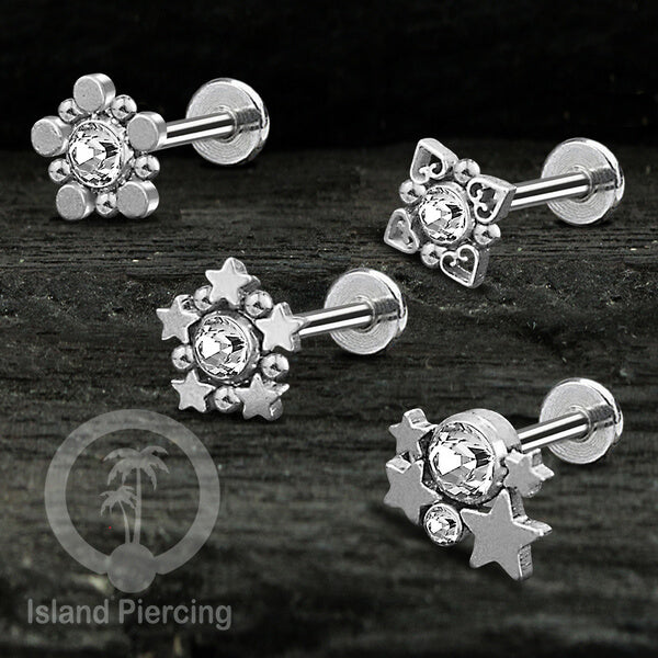 Anting Labret Stainless Kristal Zirconia, Tragus &amp; Daith Piercing warna Silver