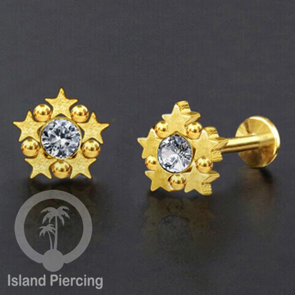 Anting Labret Stainless Kristal Zirconia, Tragus &amp; Daith Piercing warna Gold
