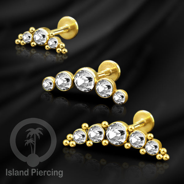 Anting Tindik Helix Stainless dengan Kristal Zirconia, Labret Piercing warna Gold with Crystals