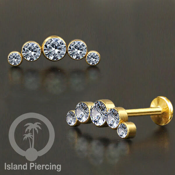 Anting Tindik Helix Stainless dengan Kristal Zirconia, Labret Piercing warna Gold with Crystals