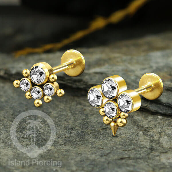 Labret  Piercing Stainless warna Gold, Tindik Baja Zirconia Bening Tragus, Daith &amp; Helix