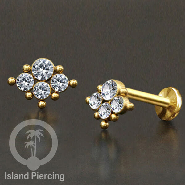 Labret  Piercing Stainless warna Gold, Tindik Baja Zirconia Bening Tragus, Daith &amp; Helix