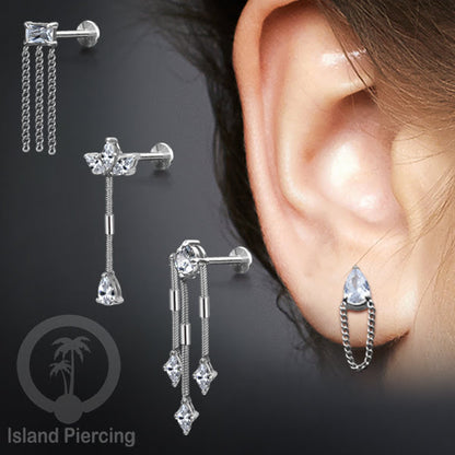 Tindik Labret Stainless warna Silver, Anting Helix, Tragus dan Telinga Stainless dengan Kristal