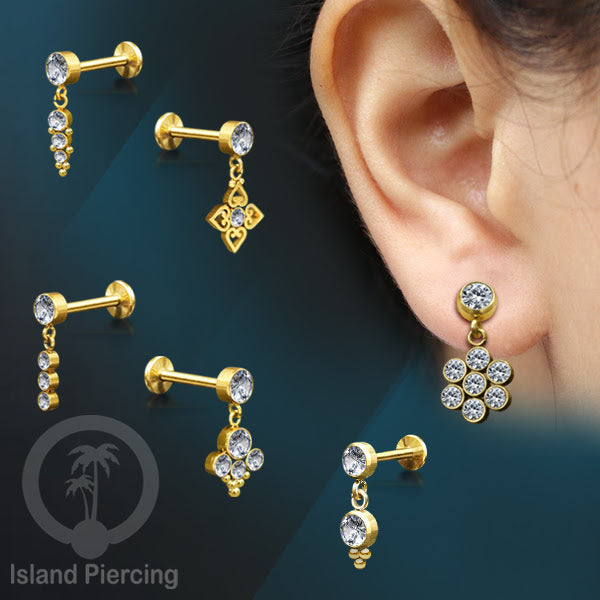 Stainless Steel Labret Anting Helix Stainless dengan Liontin Kristal Tindik kuping Warna Gold