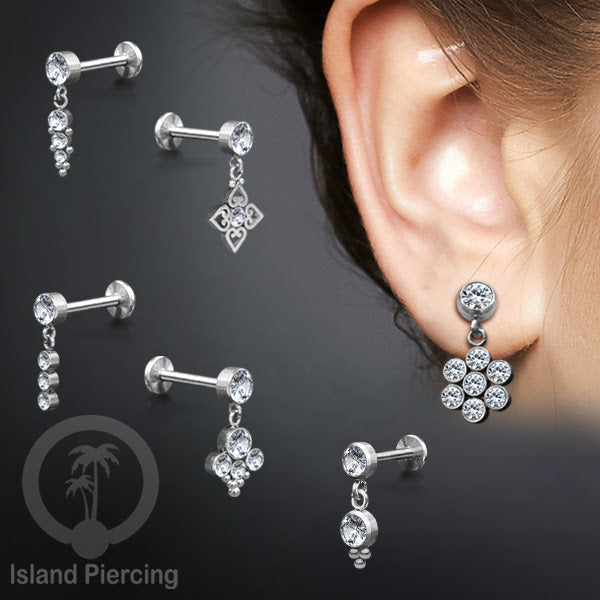 Stainless Steel Labret Anting Helix Stainless dengan Liontin Kristal Tindik kuping Warna Silver