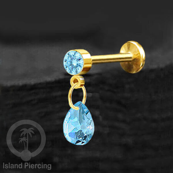 Anting Labret Stainless Steel dengan Kristal Tetes, Tindik Helix, Tragus Warna Gold
