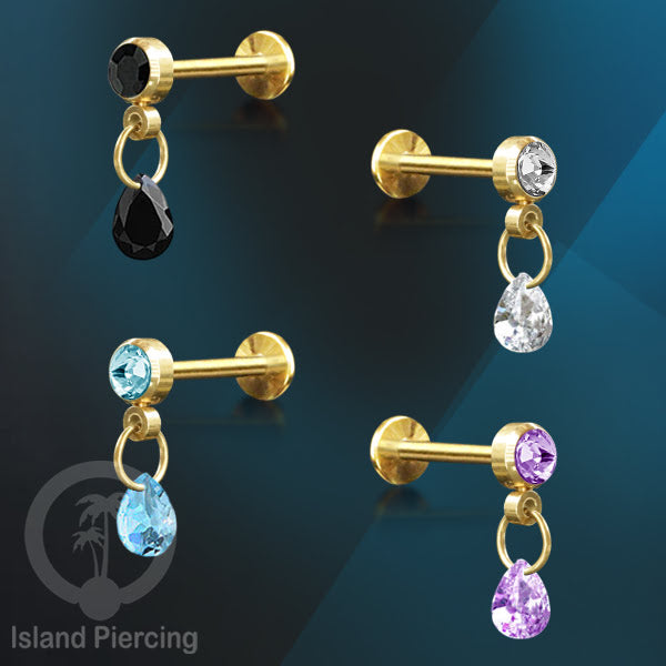 Anting Labret Stainless Steel dengan Kristal Tetes, Tindik Helix, Tragus Warna Gold