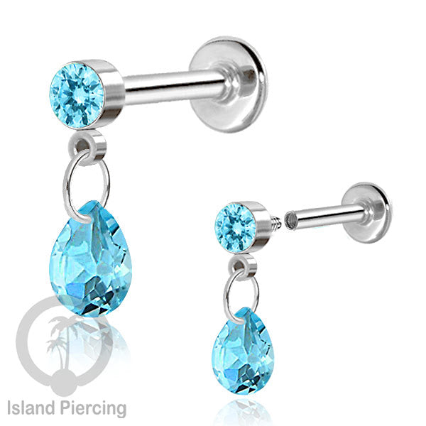 Anting Labret Stainless Steel dengan Kristal Tetes, Tindik Helix, Tragus Warna Silver
