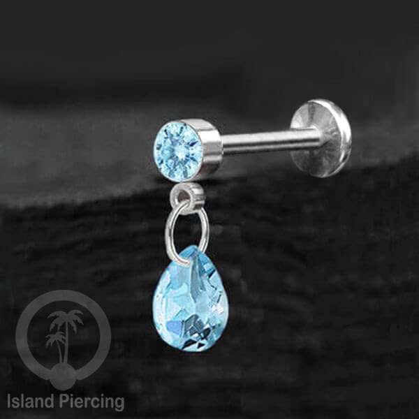 Anting Labret Stainless Steel dengan Kristal Tetes, Tindik Helix, Tragus Warna Silver