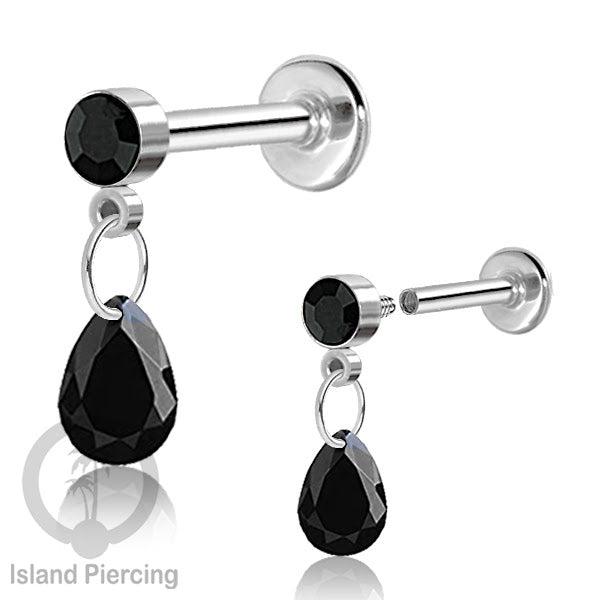 Anting Labret Stainless Steel dengan Kristal Tetes, Tindik Helix, Tragus Warna Silver