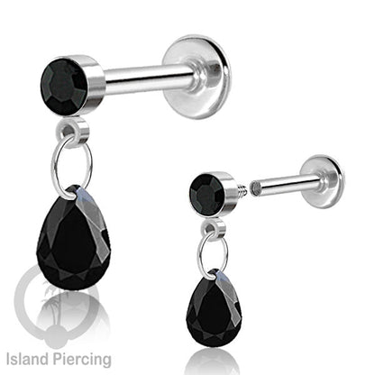 Anting Labret Stainless Steel dengan Kristal Tetes, Tindik Helix, Tragus Warna Silver