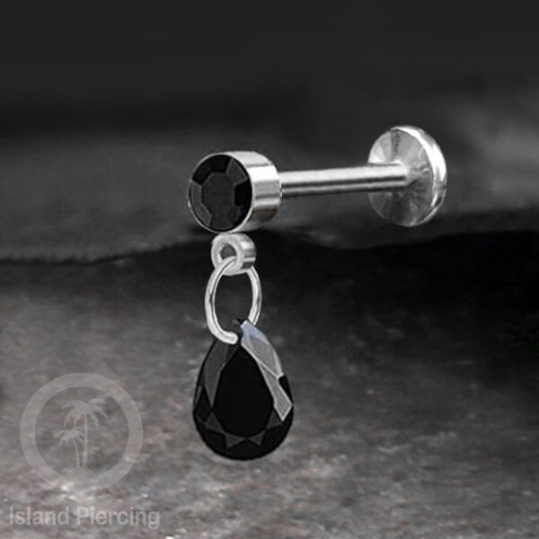 Anting Labret Stainless Steel dengan Kristal Tetes, Tindik Helix, Tragus Warna Silver