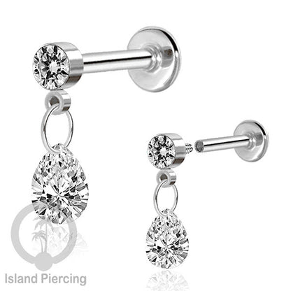 Anting Labret Stainless Steel dengan Kristal Tetes, Tindik Helix, Tragus Warna Silver
