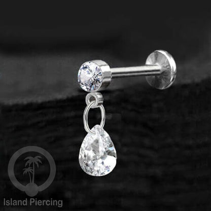 Anting Labret Stainless Steel dengan Kristal Tetes, Tindik Helix, Tragus Warna Silver