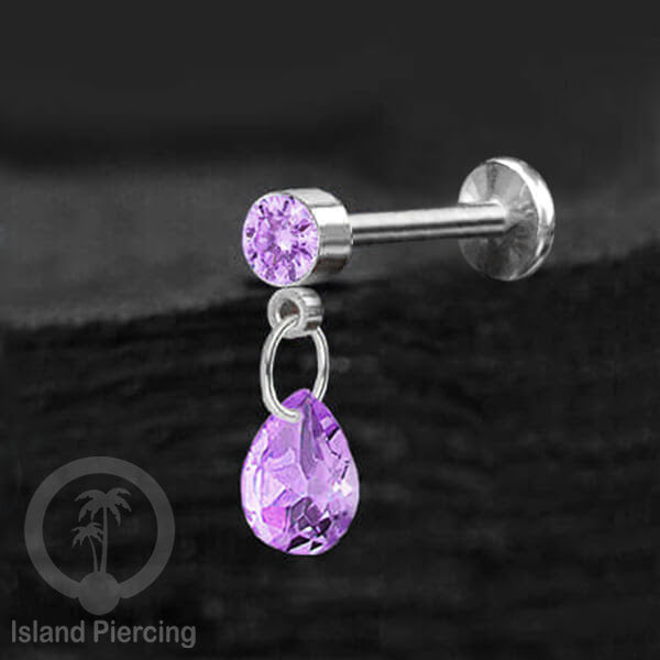 Anting Labret Stainless Steel dengan Kristal Tetes, Tindik Helix, Tragus Warna Silver
