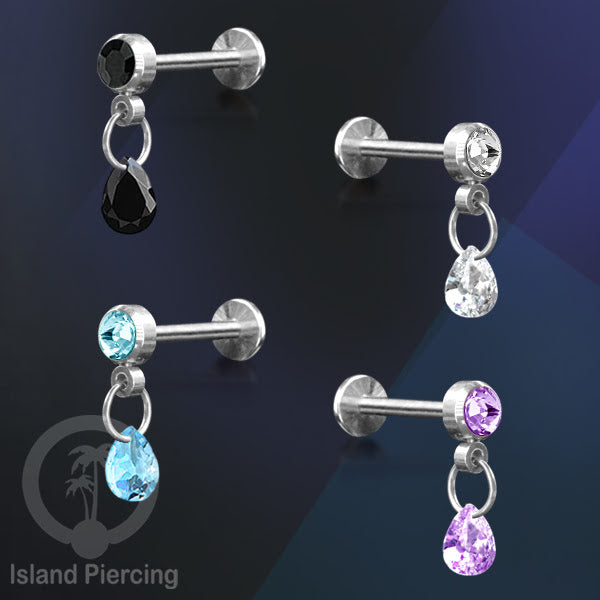 Anting Labret Stainless Steel dengan Kristal Tetes, Tindik Helix, Tragus Warna Silver